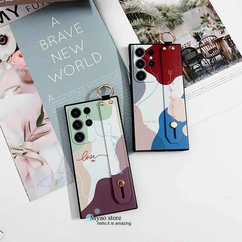 Wrist Strap Case For Samsung Galaxy S25 S24 Ultra S23 FE S22 S20 S21 Plus Wristband Phone Cover Kickstand Holder