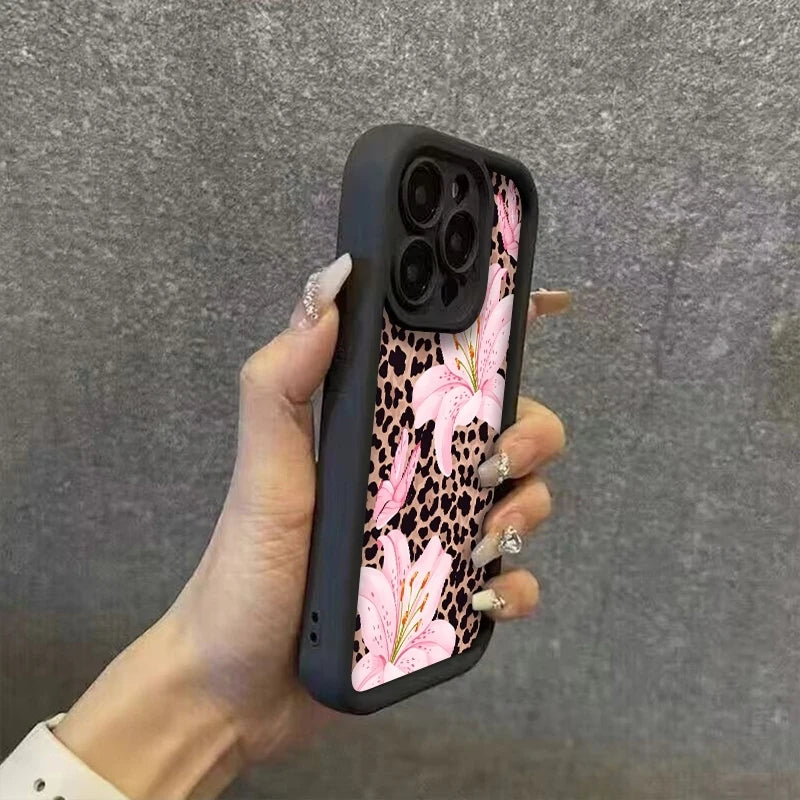 Pink Lily Flower Leopard Print Phone Case For iPhone 17 16 Pro Max 11 13 12 14 15 8 7 Plus XS XR X 16E 17E Shockproof TPU Cover