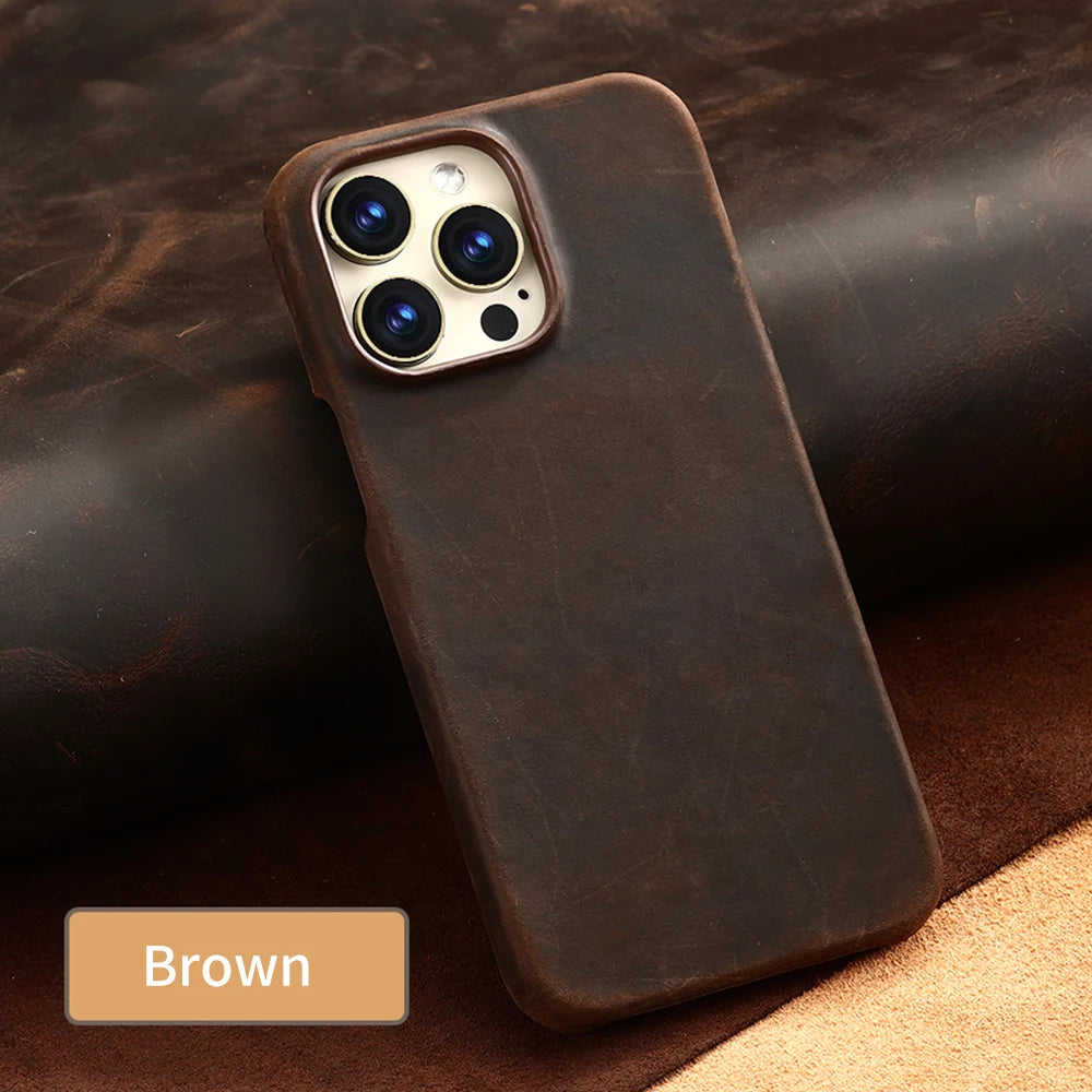 Retro Cowhide Phone Case for iPhone 17 16 15 13 14 Pro Max Air 16Pro 17Pro Luxury Crazy Horse Genuine PULL-UP Leather Back Cover