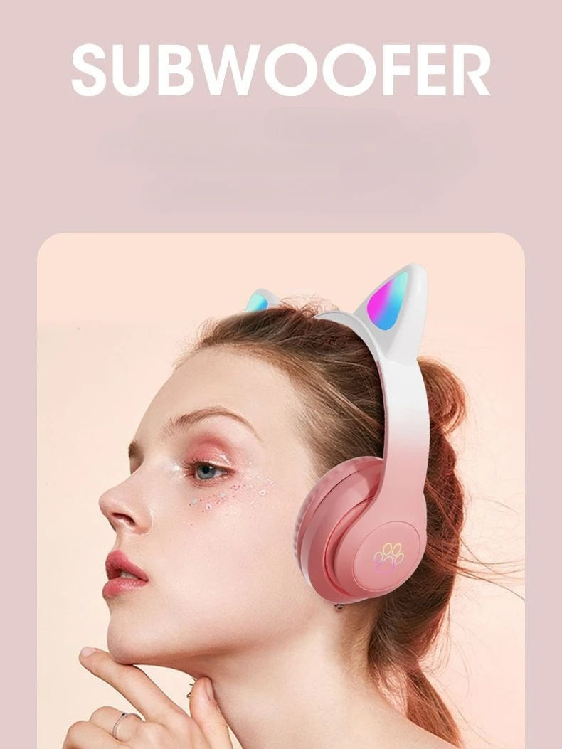 Over-Ear Cat Ear LED Breathing Light Gaming Wireless Bluetooth Headphones with TF Card Slot & Gradient Color