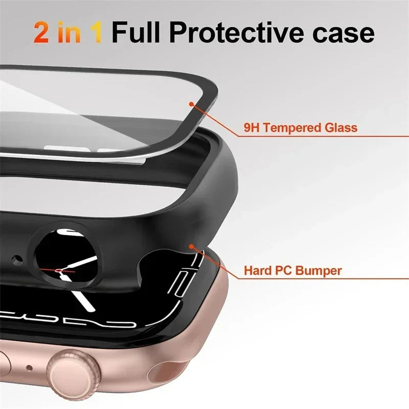 Glass+Cover For Apple Watch case 44mm 40mm 38 42 49mm 41mm 45mm 46mm Accessorie Screen Protector iWatch 11 10 9 8 7 6 SE 5 Ultra