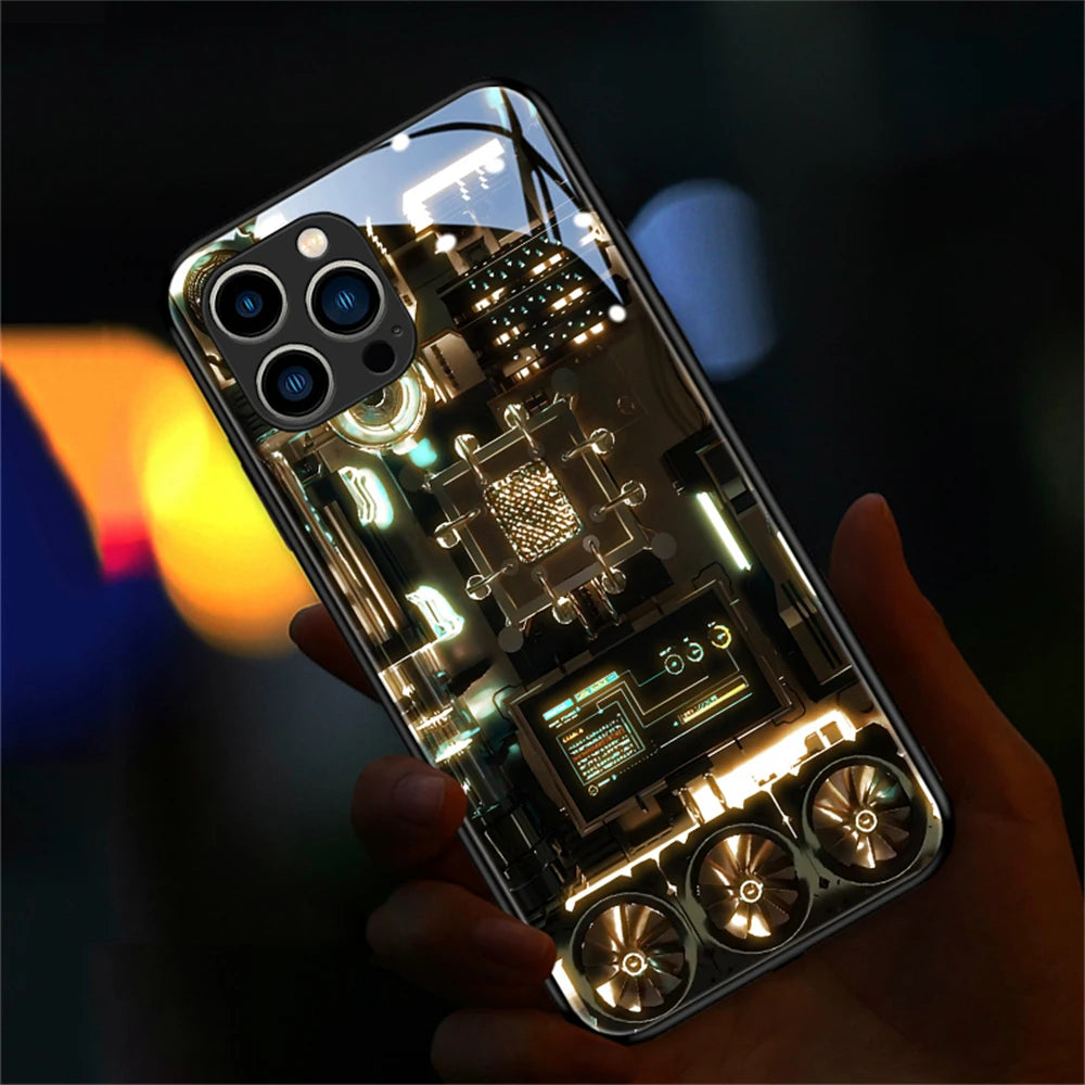 Cool PCB Structure Smart LED Light Glow Tempered Glass Phone Case For iPhone Air 17 E 16 E 15 14 13 12 11 Pro Max XS XR Plus