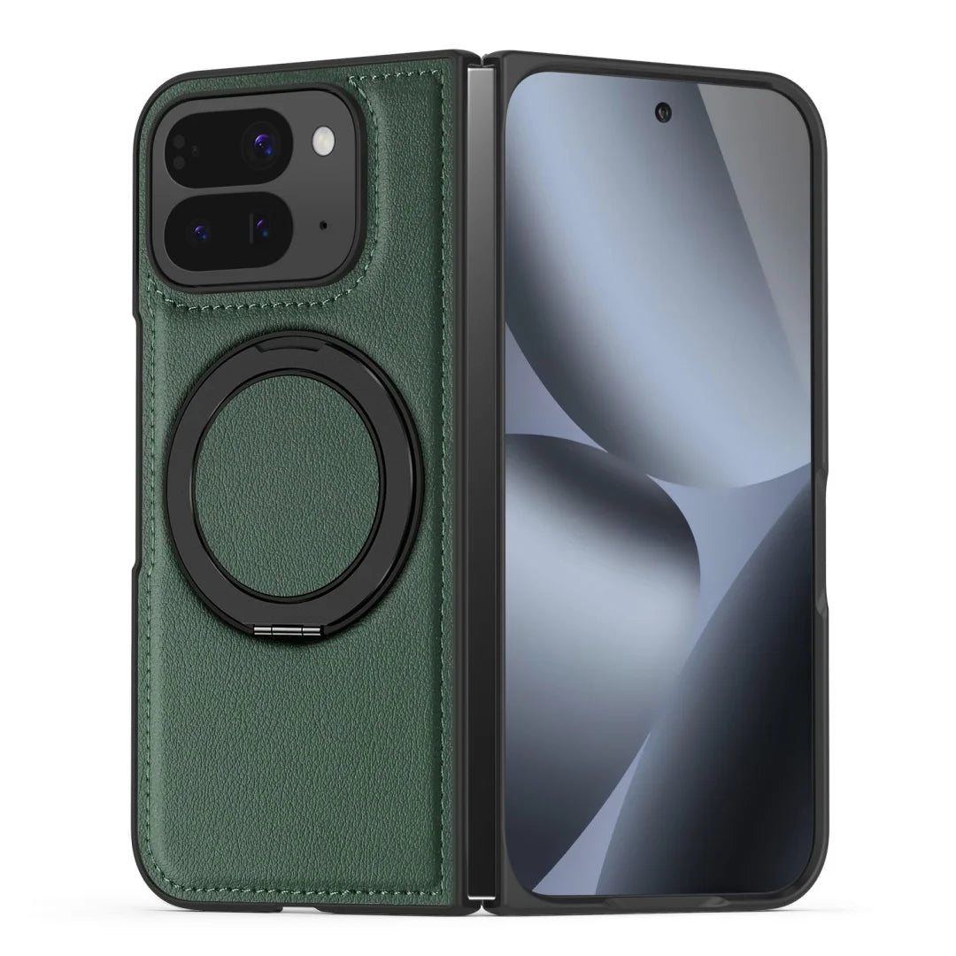 Embossed PU Leather Case For Google Pixel 10 Pro Fold Magsafe 360° Rotation Metal Stand Comfort Grip Case Cover