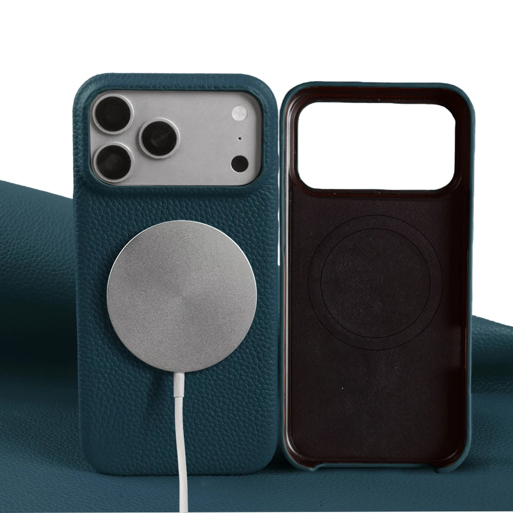 For Magsafe Magnetic Lychee Genuine Leather Case For iphone 17 Pro Max Air 13 14 15 16 Pro Max 16e 17e Phone Back Cover Cases