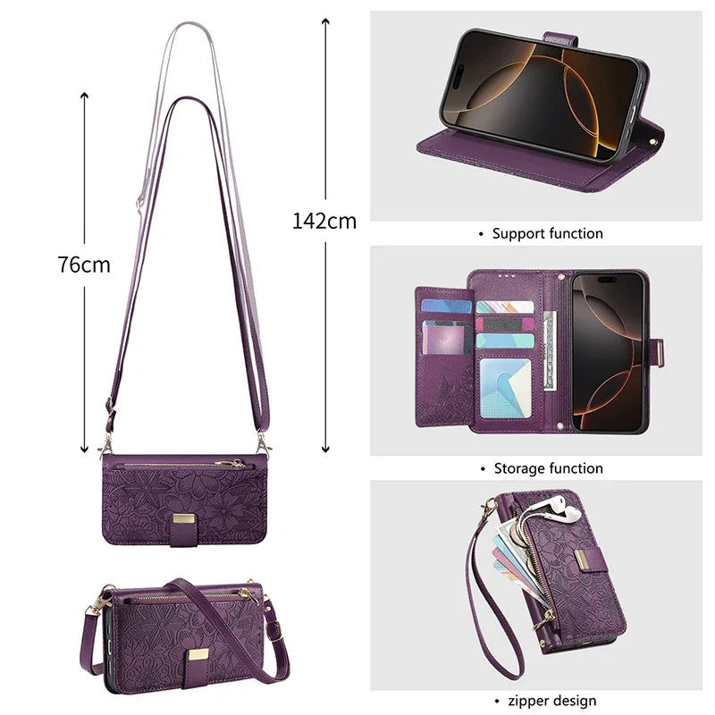 For Samsung Galaxy S26 S25 Ultra S24 S23 FE S22 Ultra Plus A05 A25 A57 A55 A56 A37 Leather Case Crossbody Card Wallet Flip Cover
