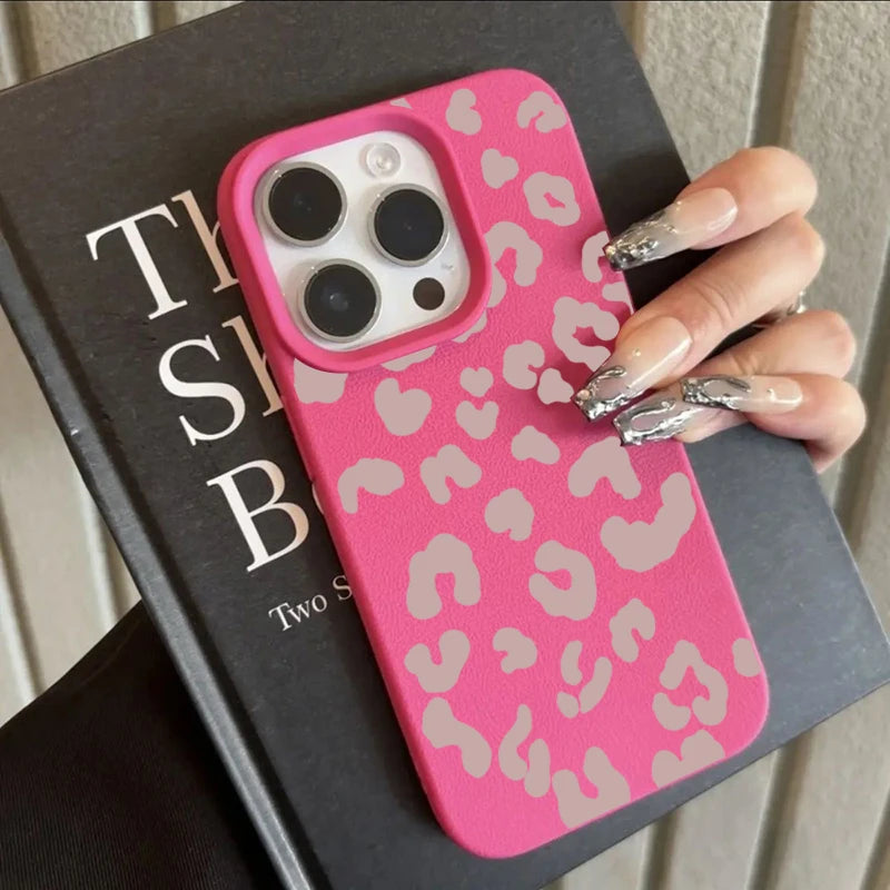 For IPhone 17 16 15 14 13 12 11 Pro Max Case Pink Leopard Print Lichee Pattern Silicone Cover for IPhone XS X XR 16 Plus Fundas