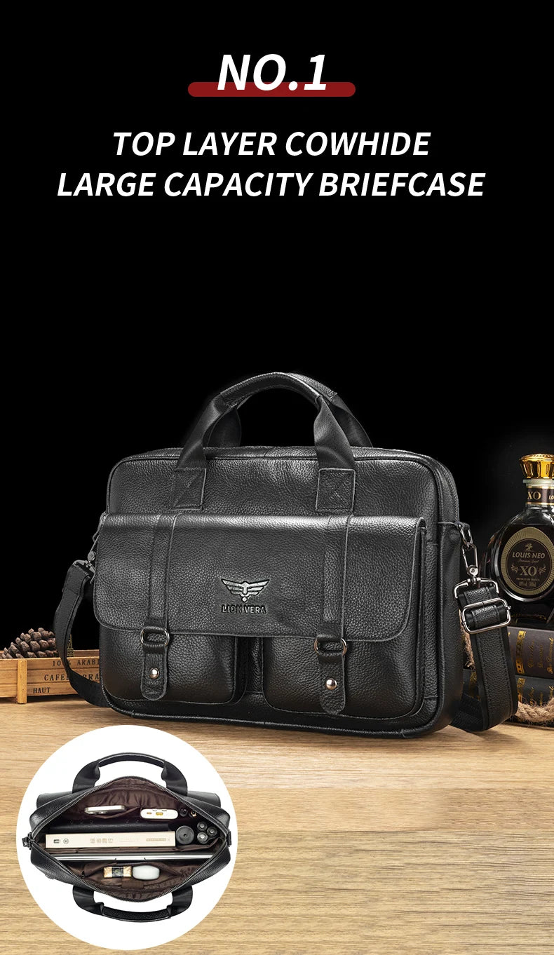 LION VERA Men's Genuine Leather Briefcase Business Casual Commuting Bag Portable Crossbody Shoulder Bag 15.7-inch Laptop Bag