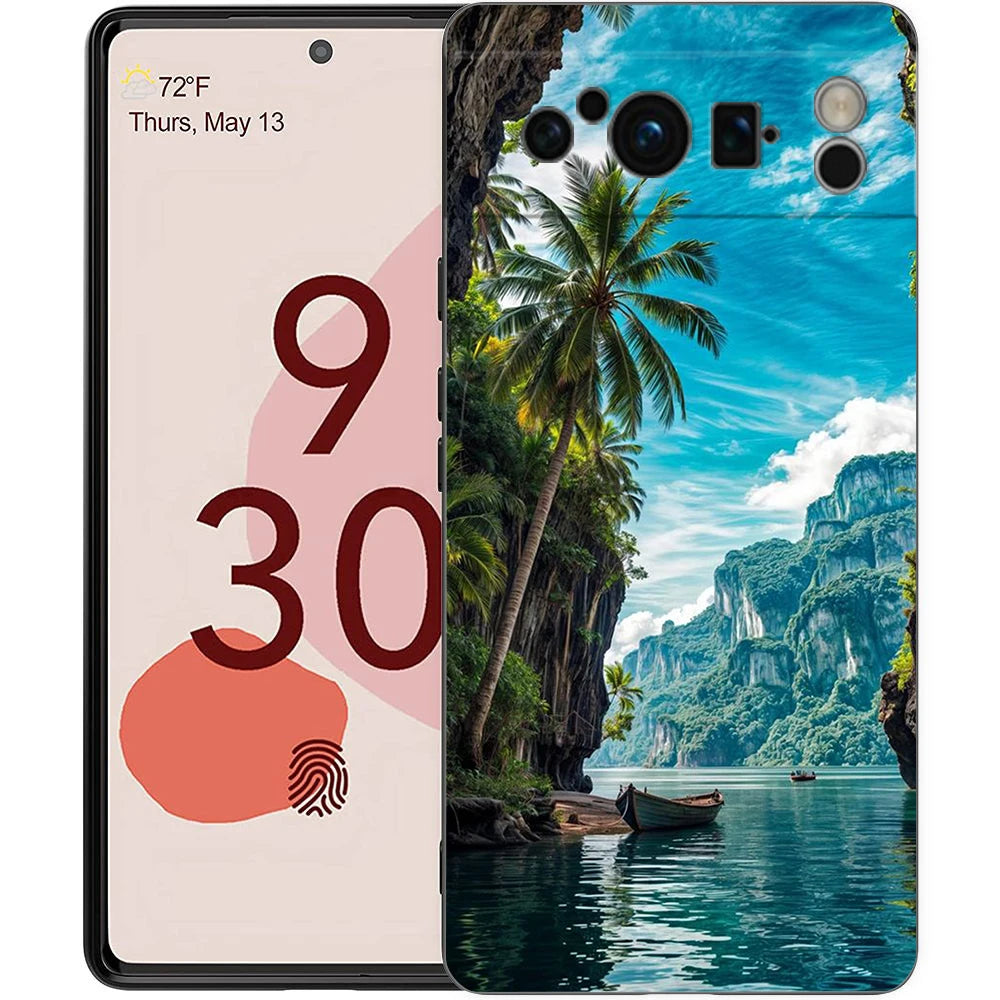 Summer Beach Scene at Sunset on sea Palm Tree Phone Case For Google Pixel 9 8 7 6 Pro XL 8A 7A 6A TPU Shell Shockproof Cover