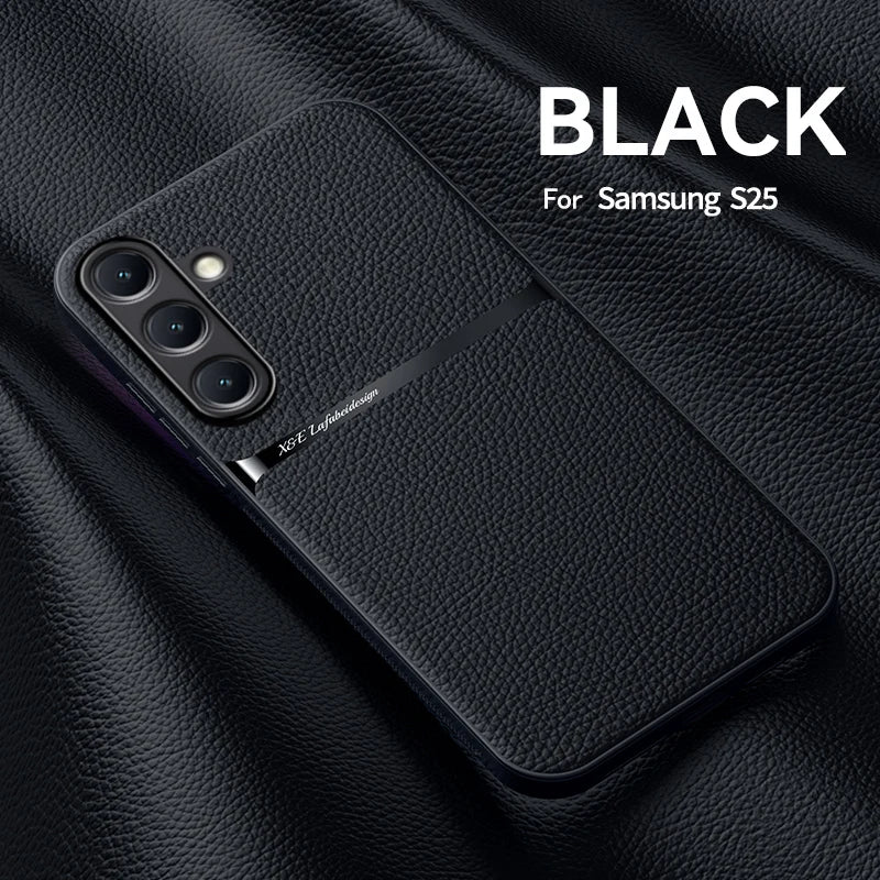 Back Leather Case Cover for Samsung Galaxy S25 S24 S23 Ultra Plus S25FE S24FE Car Holder Magnetic Leather Case Cellphone Coques