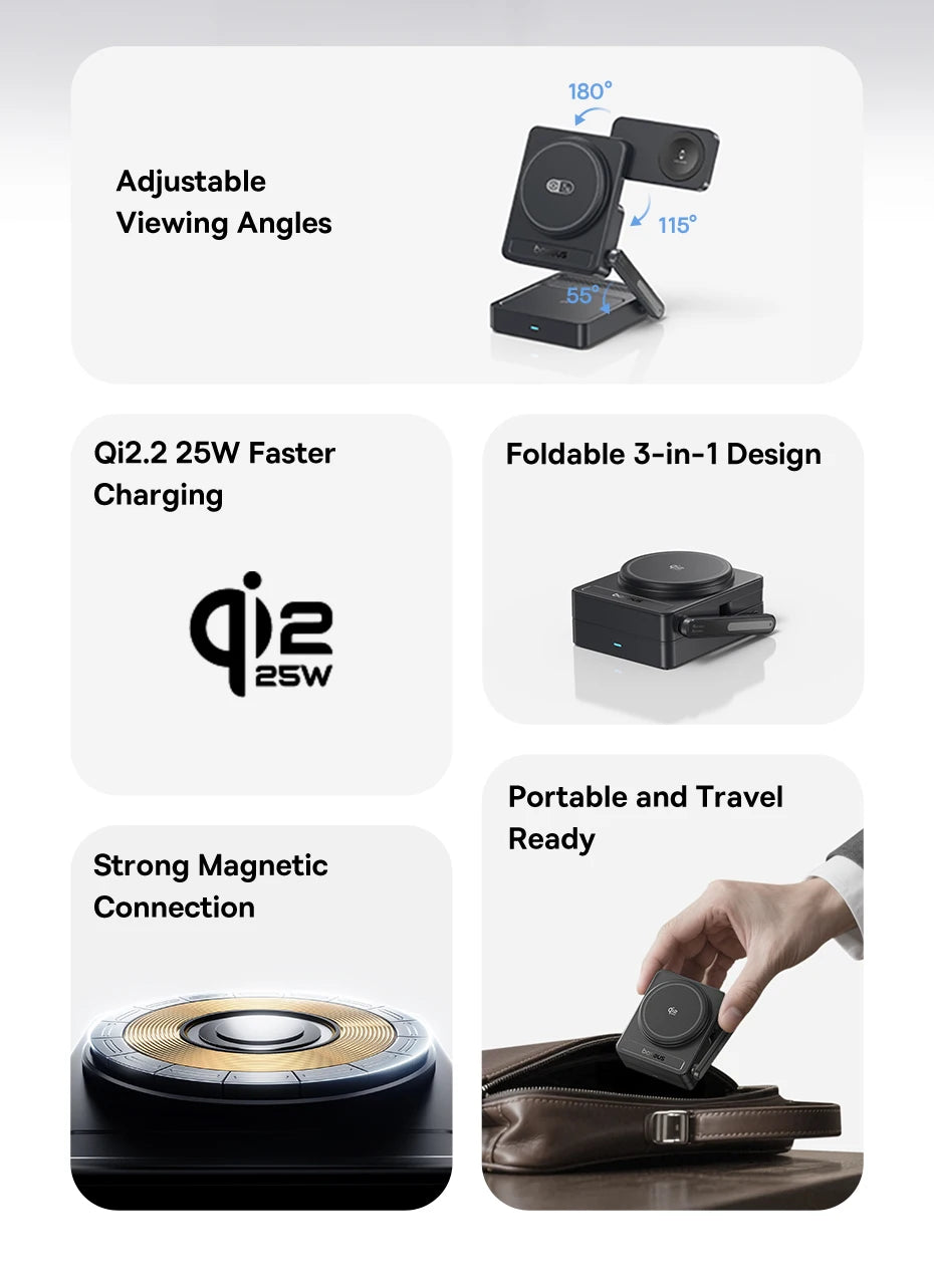 Baseus 3 in 1 Magnetic Wireless Charger Qi2.2 25W Fast Charging For iPhone 17 16 15 14 Apple Watch Earbuds AirPods Pro iWatch