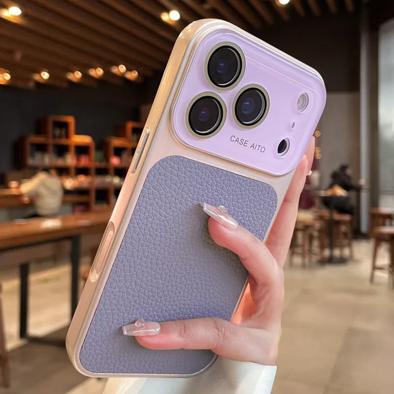 Luxury Litchi Leather Case for iPhone 17 16 15 14 Pro Max iPhone 13 Glass Large Window Shockproof Armor Bumper Plating Cover