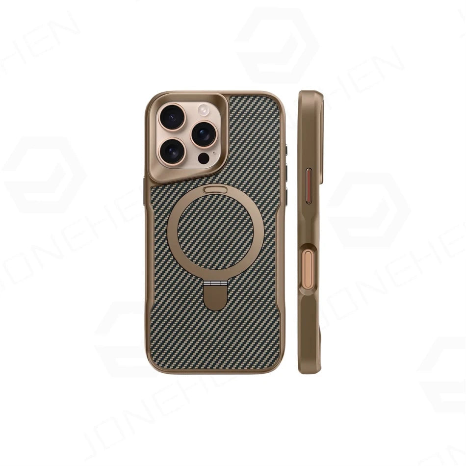 Luxury For Magsafe Shockproof Frame Armor Case For iPhone 13 15 12 14 16 17 Pro Max Metal Bracket Carbon Fiber Pattern Cover