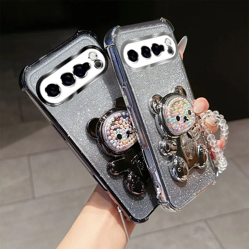 4 Corner Shockproof Phone Case with Cute 3D Bear Stand Crystal Chain Lanyard Glitter For Google Pixel 9 8 10 7 Pro XL Back Cover