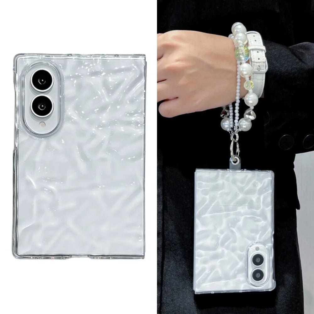 Z Fold8 Transparent INS Water Wave Pattern Pearl Bracelet for Samsung Galaxy Z Fold 8 Ultra 7 6 Lanyard Non-slip Clear PC Cover