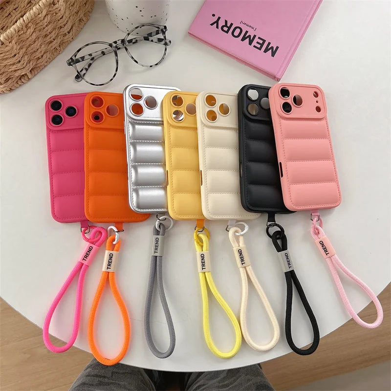 Luxury Down Jacket Puffer Wrist Strap Phone Case for Samsung Galaxy S25 Edge S24 S23 S22 S21 S20 FE Plus Ultra Soft Cover