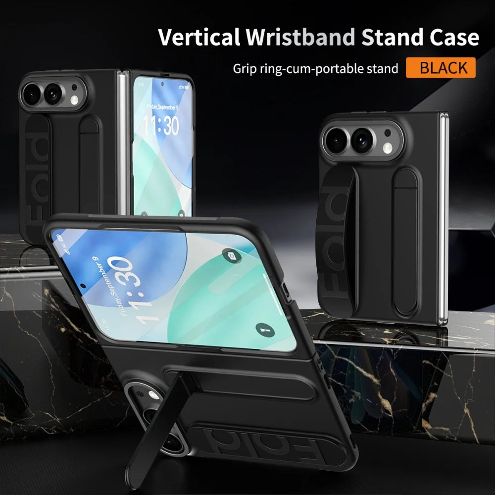 For iPhone Duo Cases Luxury Wristband Folding Bracket Case for iPhone Duo 2026 Fold Wrist Strap Built-in Screen Protector Cover