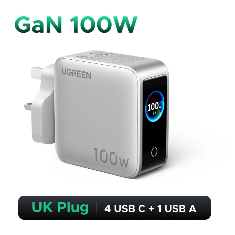 UGREEN 100W GaN Charger With Smart Display QC4.0 PD 3.0 USB C Charger For MacbookPro Laptop iPhone 17 16 Pro iPad Tablet Samsung