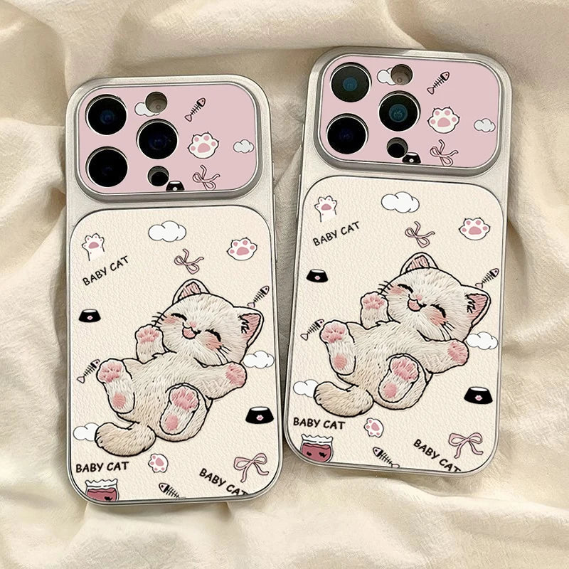 Embroidere Cat Large Viewing Window Phone Case For iPhone 17 Air 16 15 14 13 12 11 Pro Max Pro Dustproof Hard Skin texture Cover