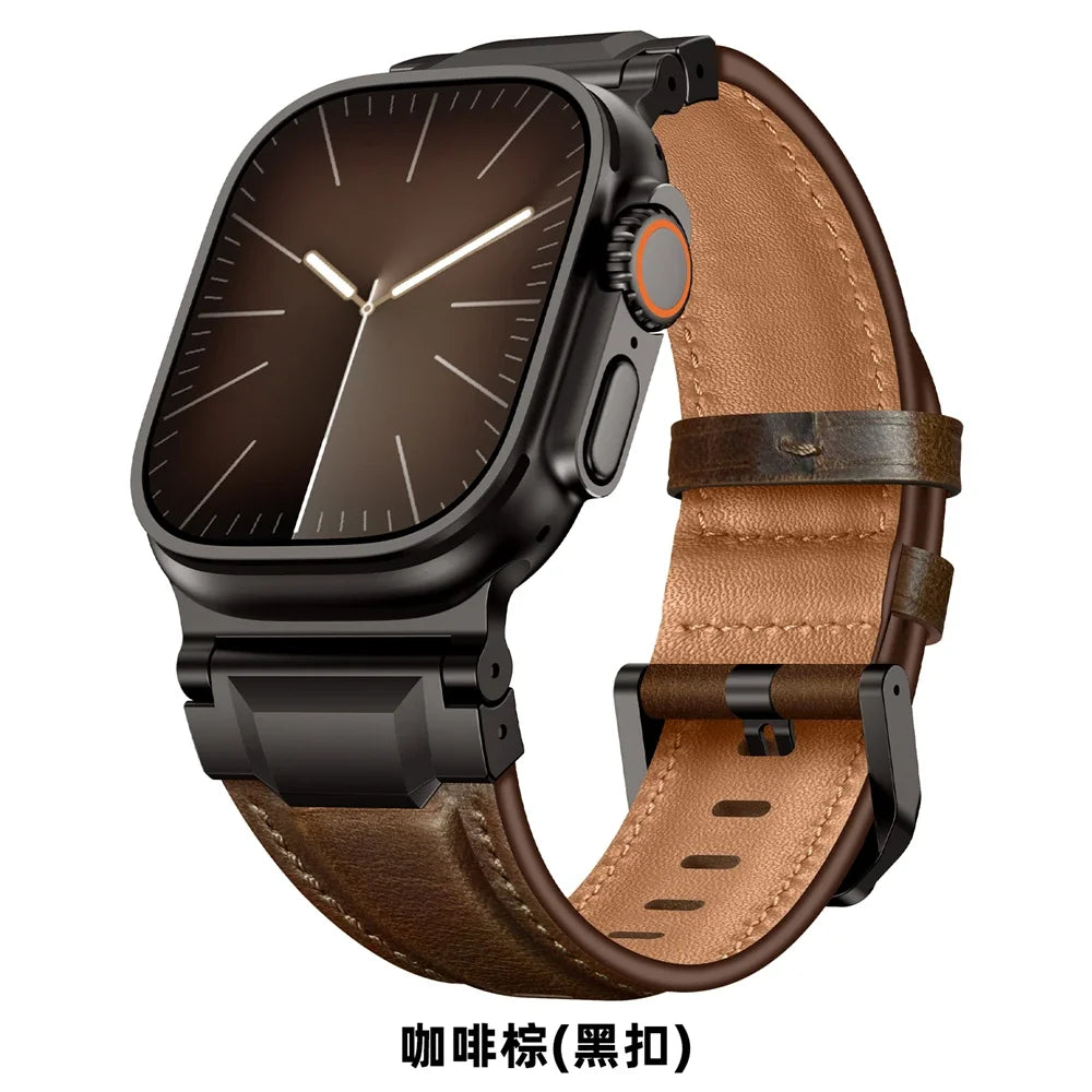 Genuine Leather bands For Apple watch ultra 3 2 49mm 44mm 45mm 46mm NEW Mecha Design bracelet iWatch series 11 10 9 8 7 6 5 SE