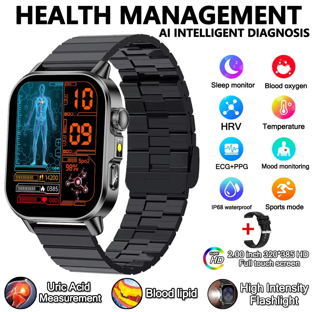 2026 New Model Uric Acid & Lipid Health Analysis Smart Watch Men ECG+PPG Bluetooth Call 2.01-inch Flashlight Smartwatch Women