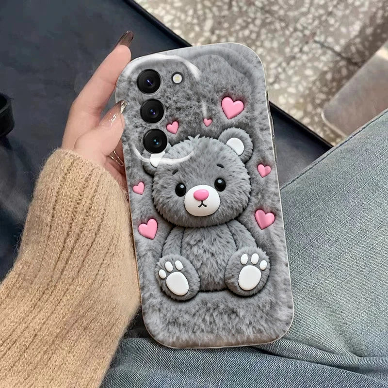 For Samsung Galaxy S26 S25 S24 Ultra S23 FE S22 S21 Plus A16 A26 A36 A56 A55 A54 Cartoon Grizzly Bear Pink Heart Printed Cover