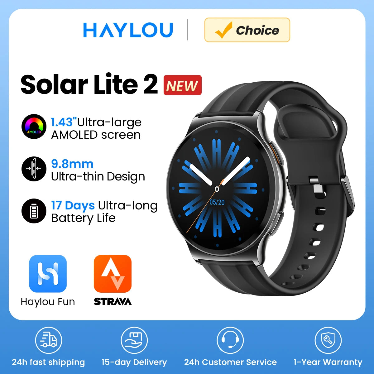 HAYLOU Solar Lite 2 Smartwatch 1.43'' AMOLED Display 24h Health Monitoring 150+ Sports Modes Voice Calling Smart Watch 1ATM