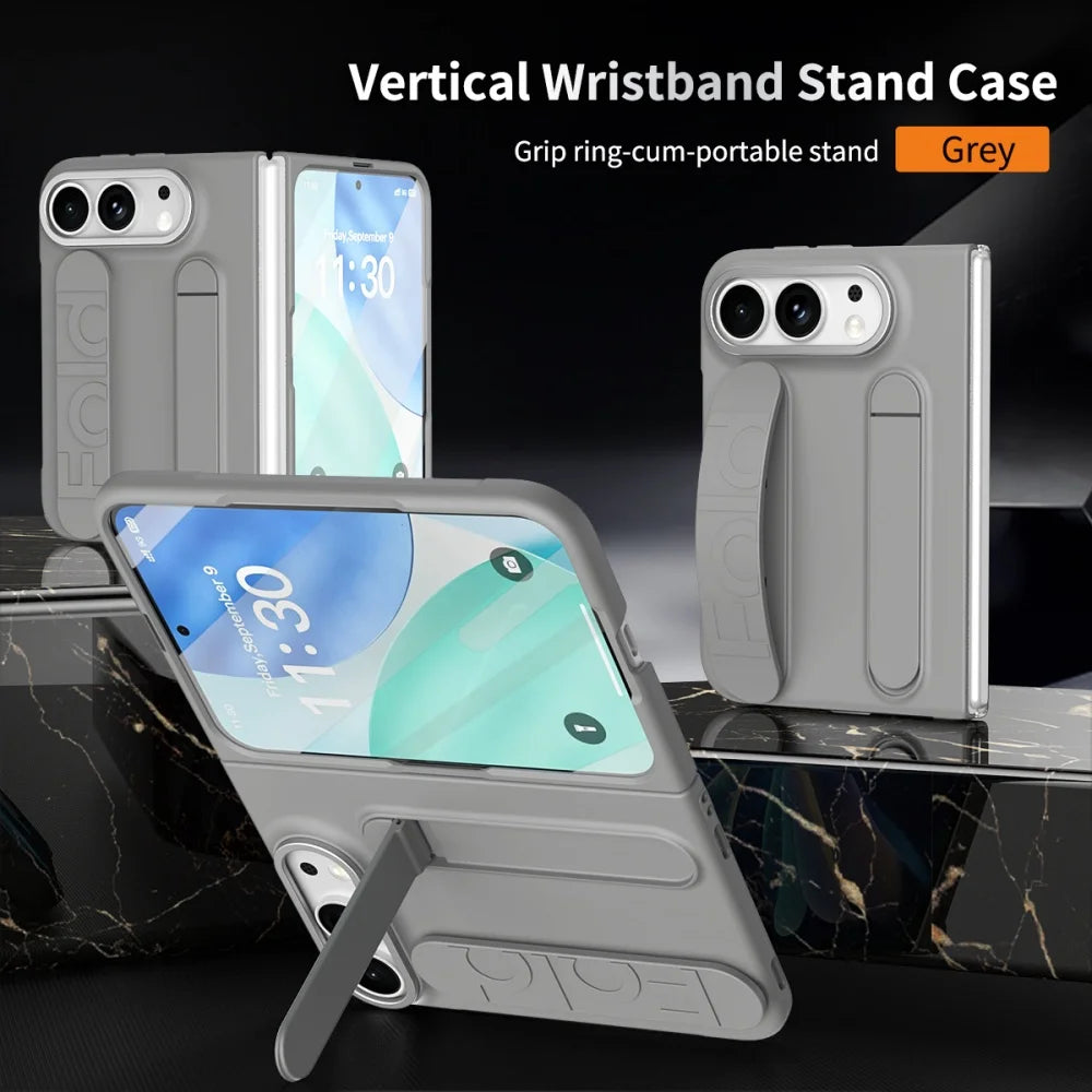For iPhone Duo Cases Luxury Wristband Folding Bracket Case for iPhone Duo 2026 Fold Wrist Strap Built-in Screen Protector Cover