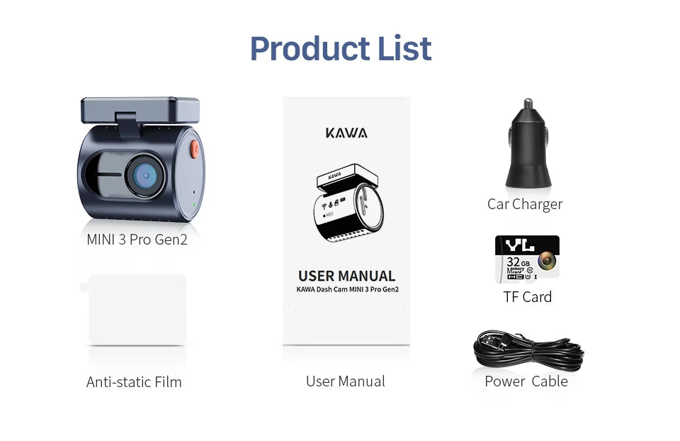 Dash cam KAWA MINI3 Pro Gen2 Car Dvr 2K Auto Video Recorder Upgrade Car Camera,WiFi&APP/Voice Control,Night Vision Tiny Dashcam