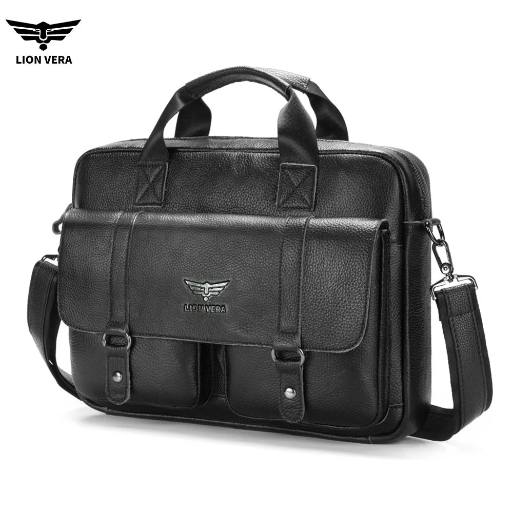 LION VERA Men's Genuine Leather Briefcase Business Casual Commuting Bag Portable Crossbody Shoulder Bag 15.7-inch Laptop Bag