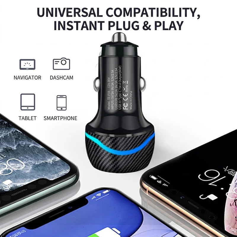 60W Dual Port Car Charger Carbon Fiber Style USB C PD 30W QC 30W Fast Charging Auto Cigarette Lighter For iPhone For Samsung