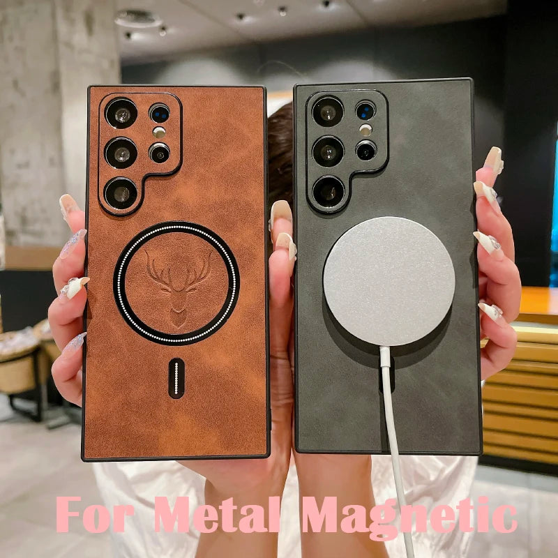 Luxury Leather For Magsafe Magnetic Wireless Charging Phone Case For Samsung S26 Ultra S24 S23 S21 S22 S25 Note 20 Ultra Plus FE