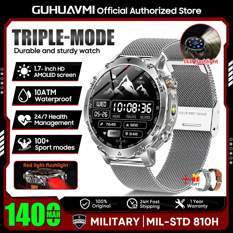 2026 New TANK Ultra 1400mAh Battery Military Smart Watch 10ATM Waterproof Heart Rate Tactical LED Flashlight Men Sports Bracelet