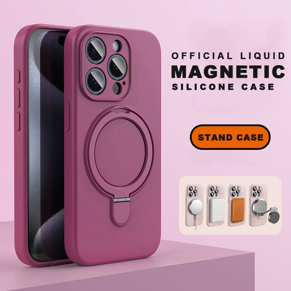 Liduid Silicone Magnetic Stand Phone Case For iPhone 15 14 16 Plus 11 12 13 16 Pro Max Magsafe Charge Protector Soft Cover