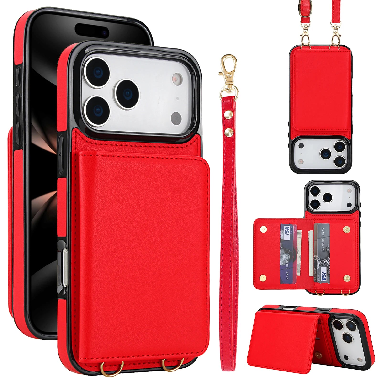 Crossbody Card Holder Wallet Leather Case For iPhone 17 Pro Max 16 Plus 15 Plus 14 13 12 11 Strap Pocket kickstand RFID Cover