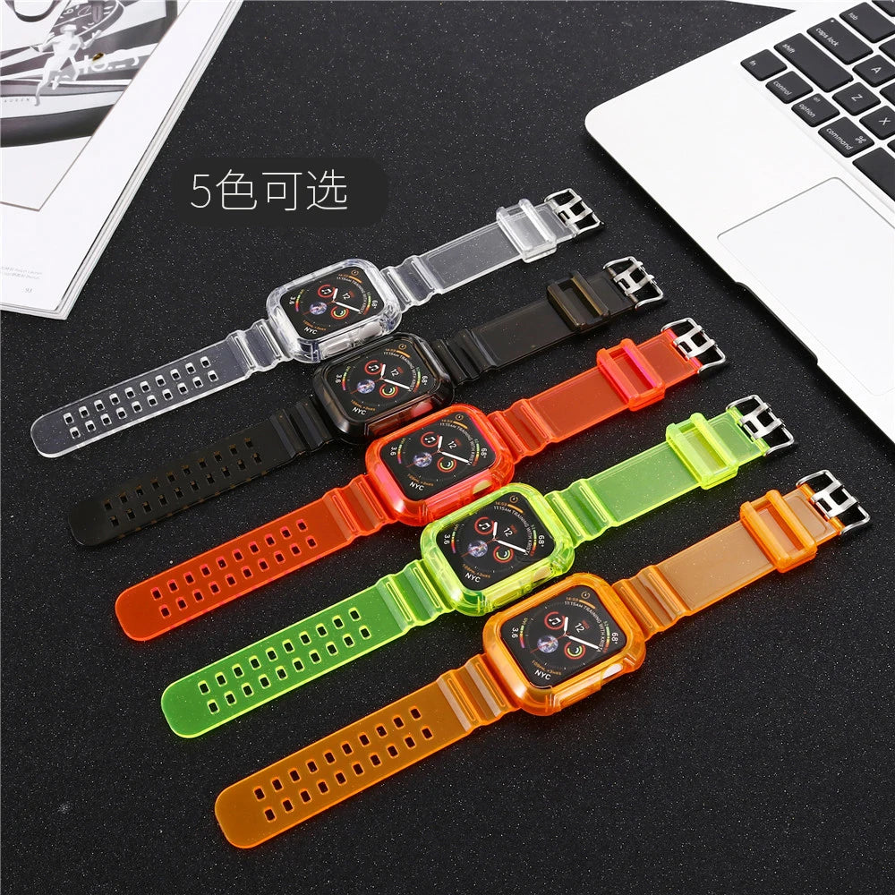 Clear Band + Case for Apple Watch Series 9 8 7 6 SE 5 49mm 45mm 44mm 38mm 41mm Transparent for iwatch 10 46mm 42mm Plastic Strap