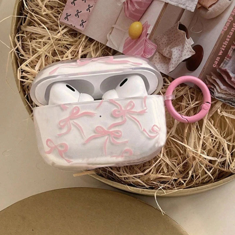 INS Korea Pink Bow Knot Headset Case For Airpods 4 Cover Shockproof For Airpod Pro 2nd 3 2 1 Charging Box Fundas With Keychain