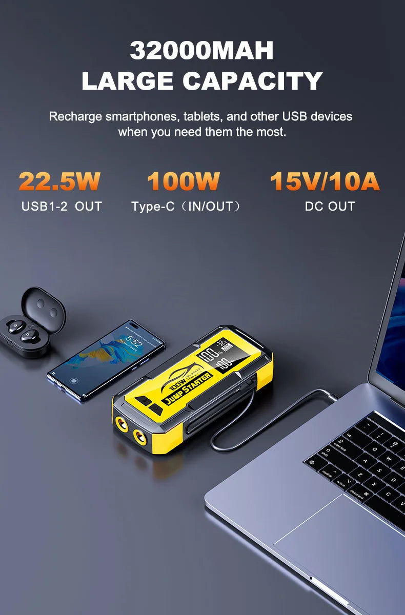 32000mAh 100W Car Emergency Battery Starter Jump Portable Power Bank Multi Function 8000A Ultra-Large Capacity Starting Device