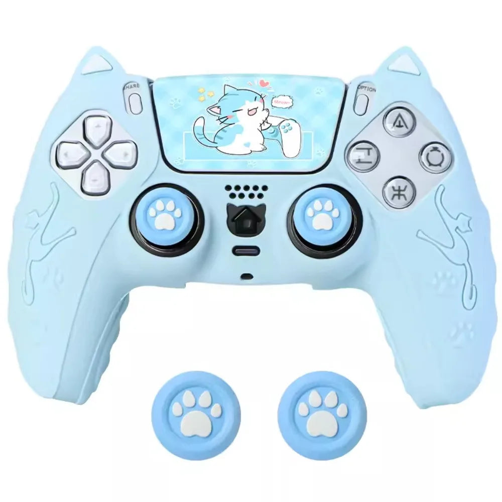 Silicone Controller Case Set Cat Paw with Sticker Controller Skin with Thumb Grip Caps Anti-slip Protective Shell Cover for PS5
