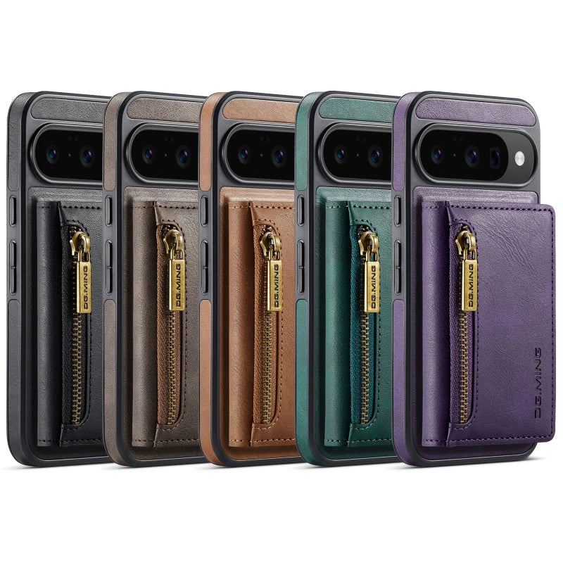 DG.MING Zipper Leather Wallet Phone Case for Google Pixel 10 Pro XL Pro 9 8 2 IN 1 Detachable Card Holder Funda Cover Hoesje Bag