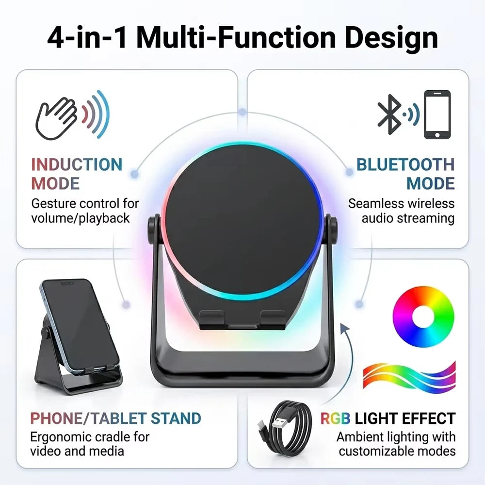 KEBIDU 4 in 1 Wireless Induction Speaker Bluetooth Surround Sound Portable Speaker RGB 360° Rotation Phone Stand  Music Player