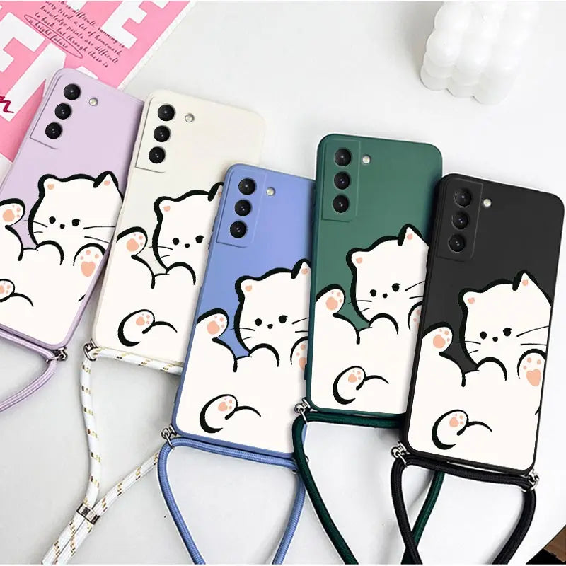 White Cloud Cat Crossbody Lanyard Silicone Phone Case For Samsung Galaxy S23 S23 Plus S22 S21 FE S21 S20 S9 Note 20 10 20 Cover
