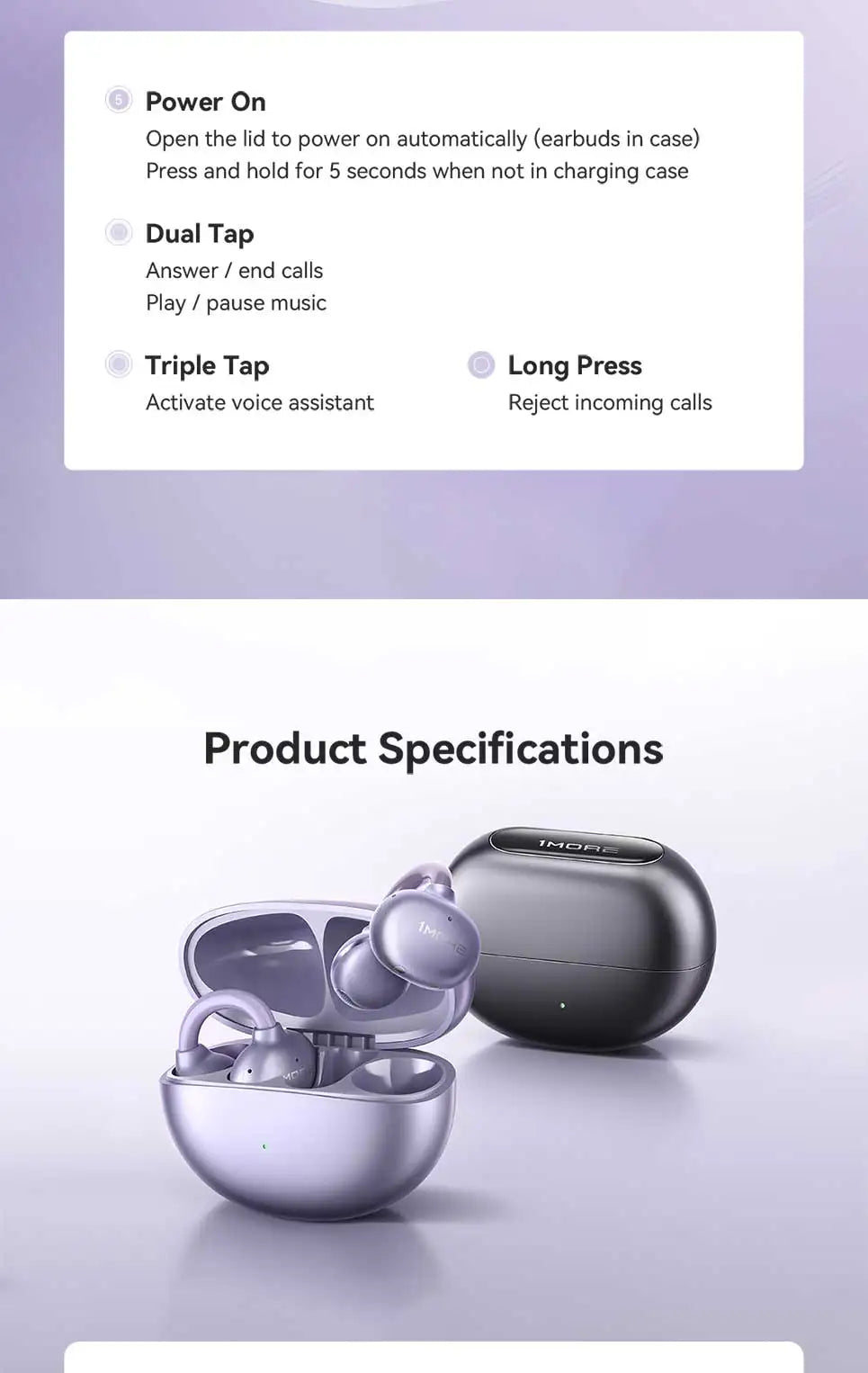 1More Open Ear Bluetooth Earbuds Wireless Ear Clip S21 Bluetooth 6.0 LDAC Wireless Hi-Res Audio Earphones IPX5 26H Battery Life