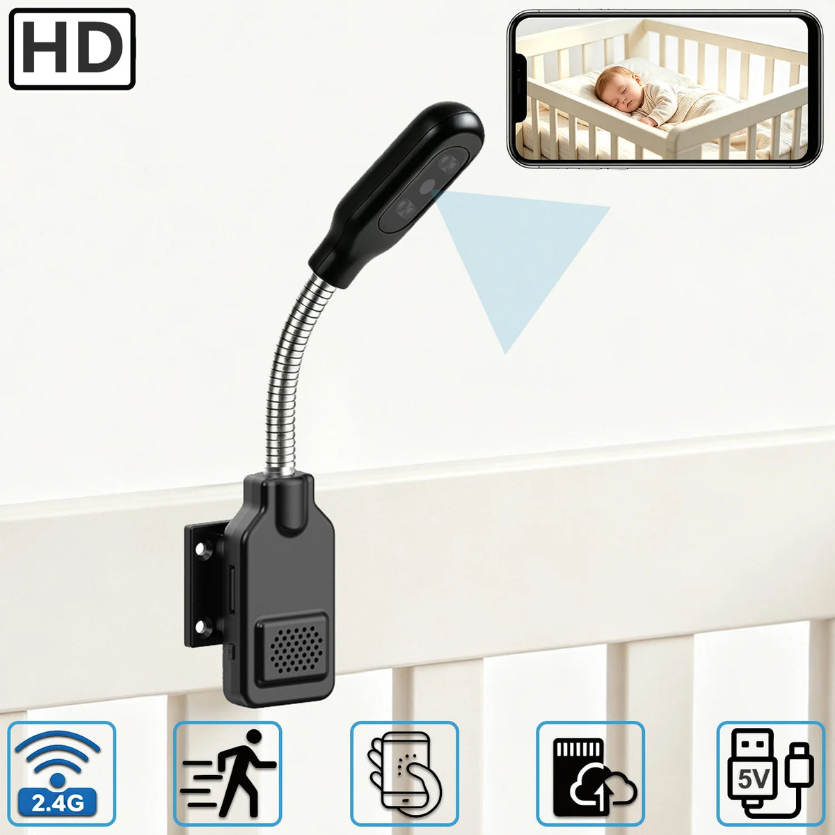 PNZEO Smart Flexible Gooseneck Baby & Pet Monitor Camera Motion Detection Two-Way Audio Home Security Camera