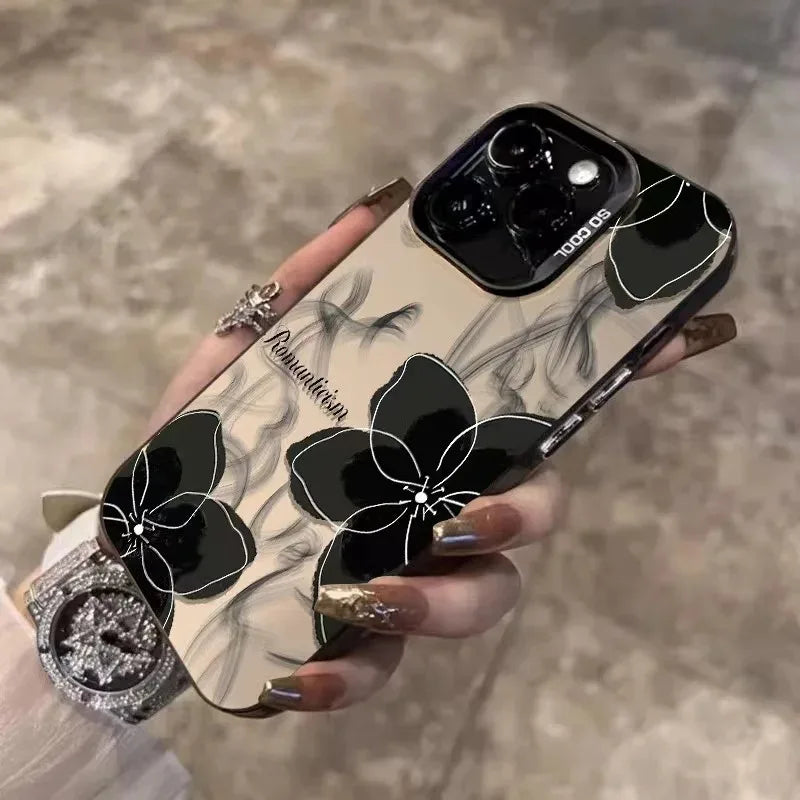 Vintage black floral Phone Case For iPhone 11 13 12 Pro Max 16E 16 15 14 Plus Colorful Silver IMD Shock-proof Rear Phone Cover