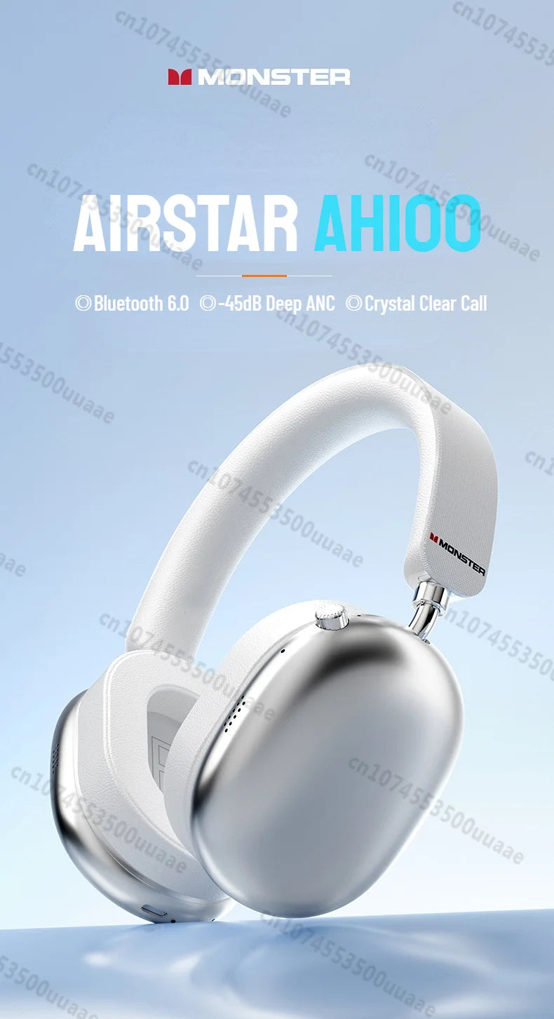Monster AH100 ANC Bluetooth 6.0 Over-Ear Headphones with 45dB Active Noise Cancellation Hifi Stereo Overear Wireless Earphones