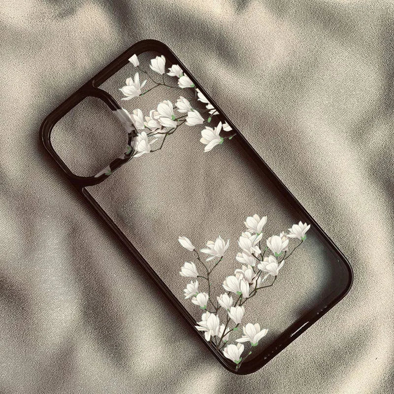 White Magnolia Flower Phone Case For iPhone 14 Pro 15 13 12Mini 11 XR XS Max 16 17 Air Plum Blossom Shockproof Clear Hard Cover