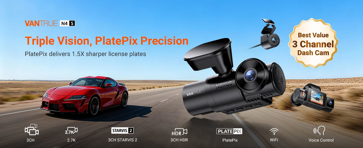 Vantrue N4S DashCam 3 Channel WiFi STARVIS 2 2.7K+1440P+1440 Waterproof Rear Camera HDR IR Night Vision GPS 24h Packing Mode