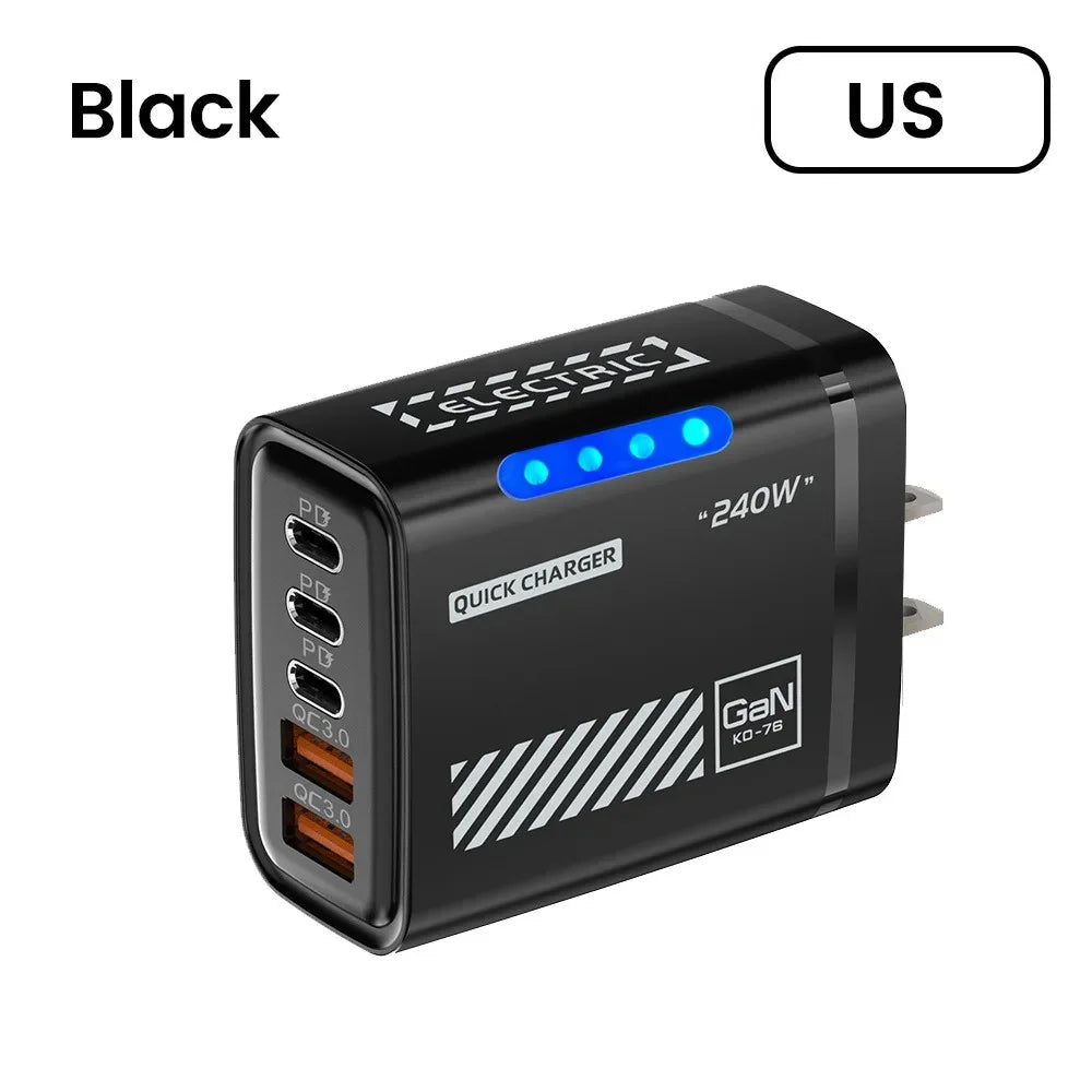 5 Port GaN USB C Charger 240W PD Fast Charging Adapter For iPhone 17 16 15 Pro Samsung Xiaomi Huawei Laptop Desktop PD Charger