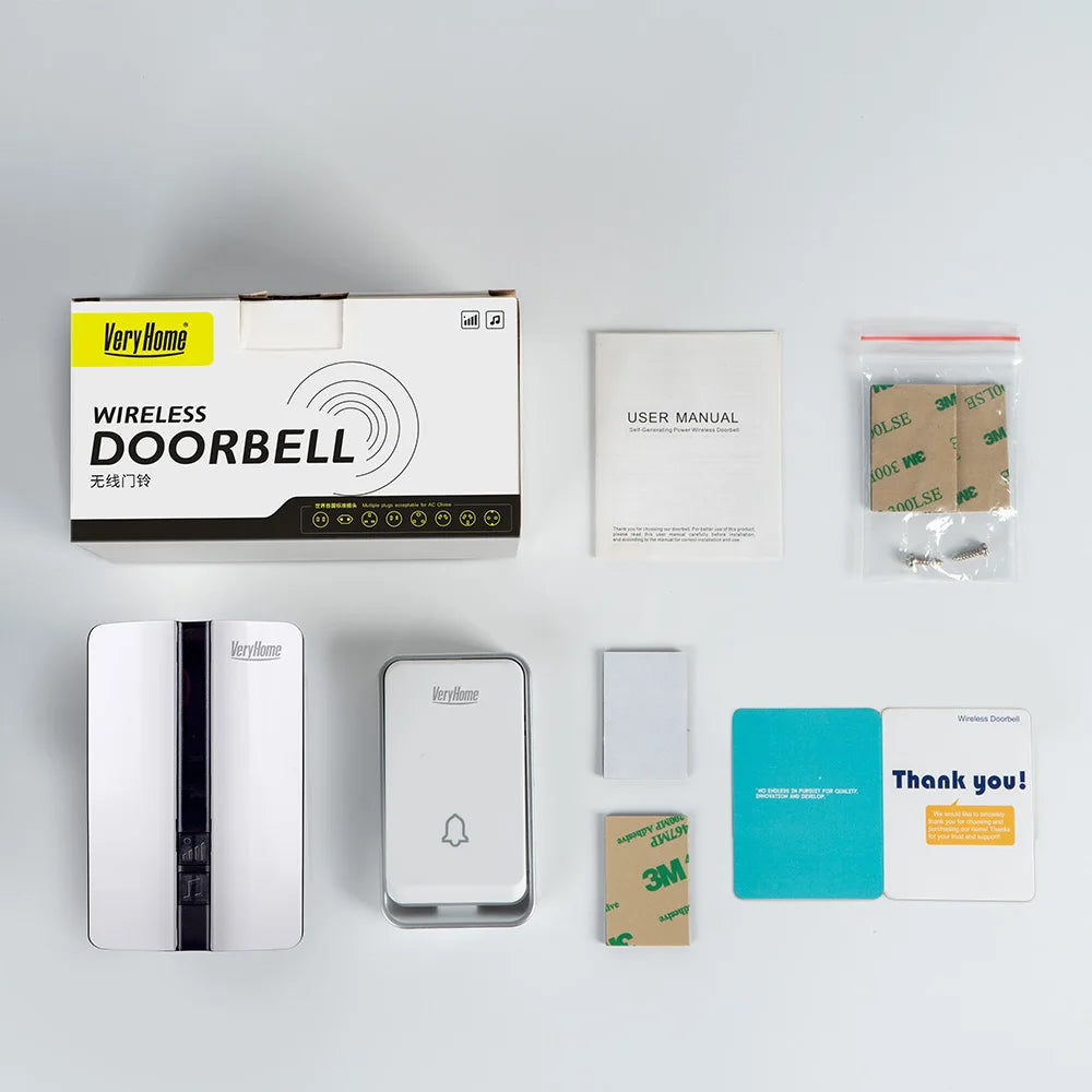 VeryHome Wireless Doorbell Waterproof Self-powered Button Smart Door Bell Sets Home Welcome Outdoor House Chimes  Receiver