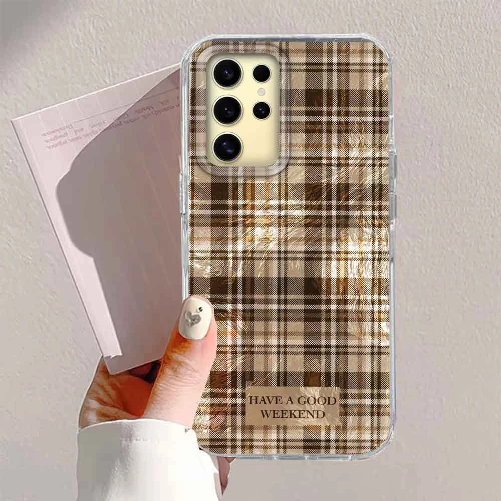 ﻿Winter Brown Lattice Grid Pattern Women Gilrs Phone Case for Samsung Galaxy S25 S24 S23 S22 S21 S20 FE Plus Ultra Shell Cover